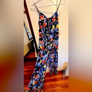 Tropical print navy jumpsuit spaghetti strap, vacation outfit